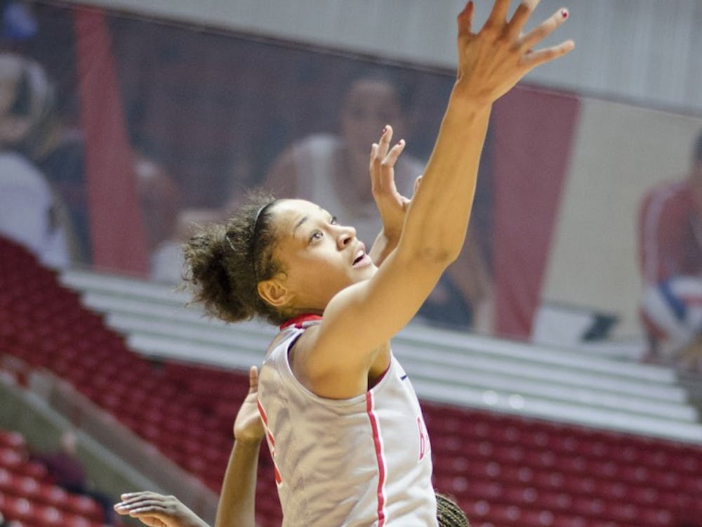 Sophomore forward Nathalie Fontaine reaches for the in the second half against Toledo on March 8 at Worthen Arena. DN PHOTO BREANNA DAUGHERTY 