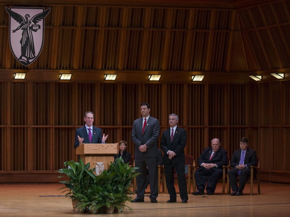 Geoffrey S. Mearns answers questions from the media and audience members for the first time after being named 17th president of Ball State on Jan. 24 in Sursa Hall. Breanna Daugherty // DN