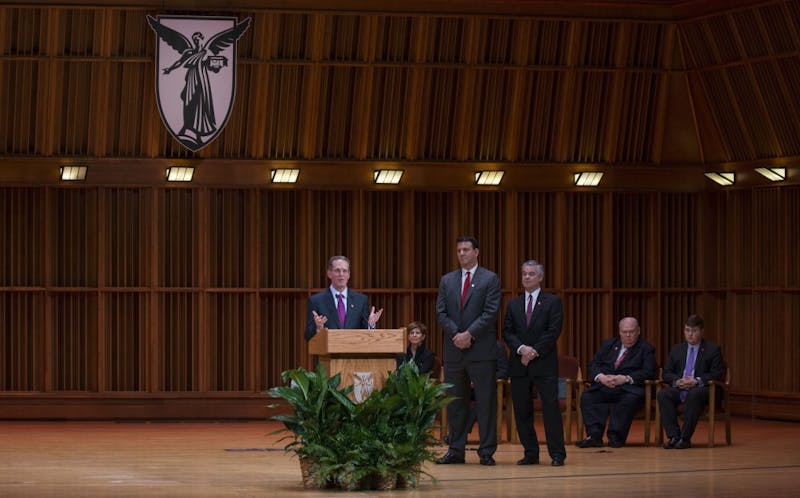 Geoffrey S. Mearns answers questions from the media and audience members for the first time after being named 17th president of Ball State on Jan. 24 in Sursa Hall. Breanna Daugherty // DN