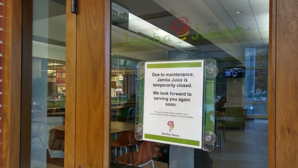 <p>Jamba Juice&nbsp;is currently closed due to a floor drain collapse. University officials said they are&nbsp;unsure how long repairs will take and whether it will reopen this semester or next semester. Teri Lightning Jr., DN</p>