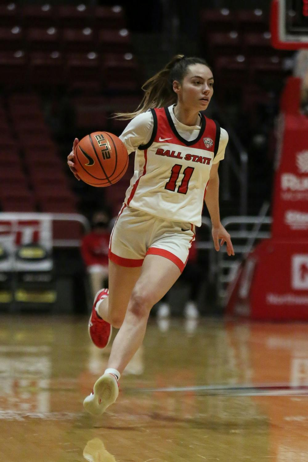 Junior Sydney Freeman runs down the court on Feb. 16, at Worthen Arena. Freeman scored 10 points for the Cardinals. Madelyn Guinn, DN