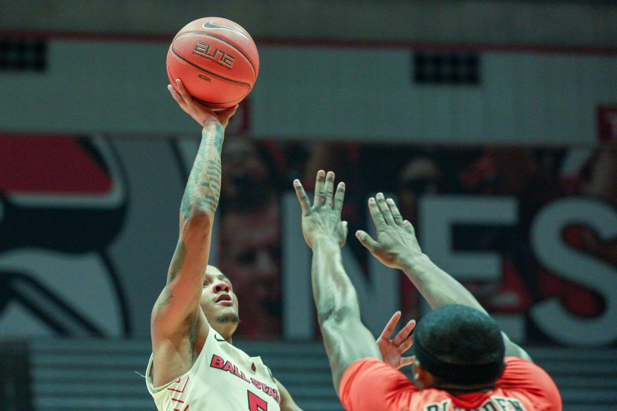 Junior guard, Ishmael El-Amin (5), attempts a teardrop layup against Bowling Green, Feb. 15, 2020, at John E. Worthen Arena. The cardinals made a run at the end of the game but it wasn't enough as they fall to the Falcons 77-71. Omari Smith, DN