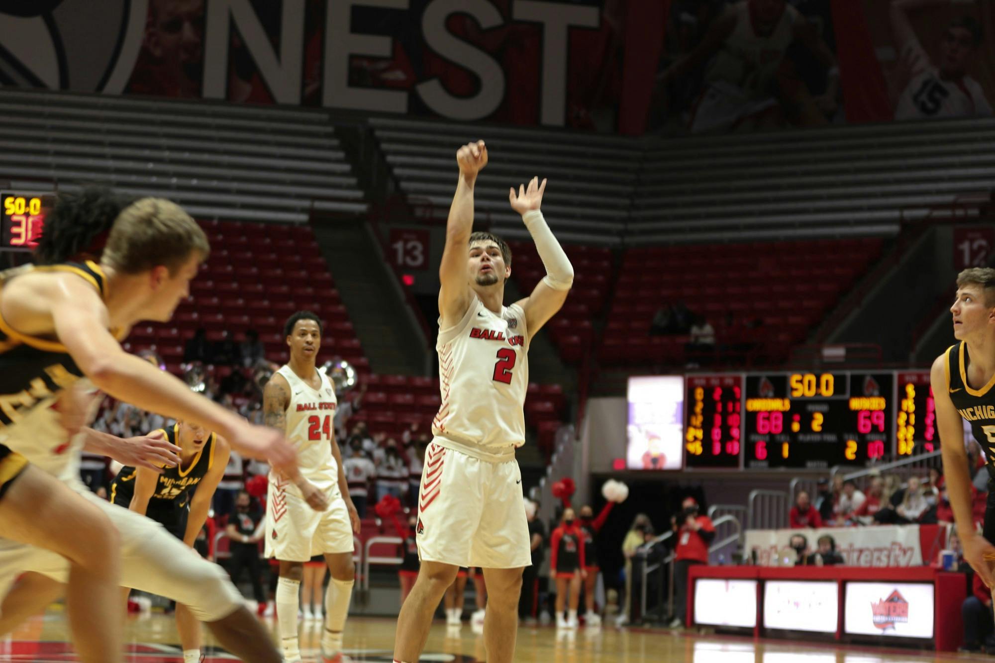 Ball State Junior Luke Bumblaough ties the game with a free throw on Nov. 3 at Worthen Arena. Bumblaough's shot tied the Cardinals with the Huskies with only 50 seconds left.