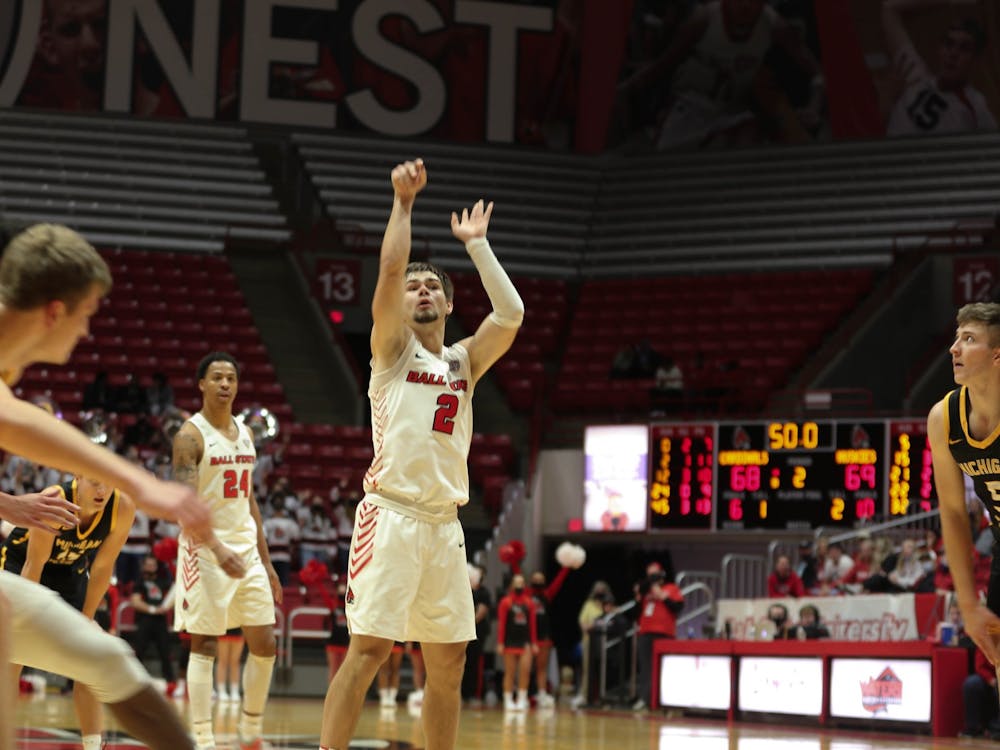 Ball State Junior Luke Bumblaough ties the game with a free throw on Nov. 3 at Worthen Arena. Bumblaough's shot tied the Cardinals with the Huskies with only 50 seconds left.