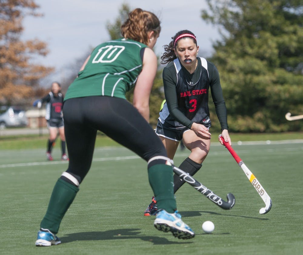 Sophomore midfielder Bethany Han contends with an Ohio University defender April 5. DN PHOTO JONATHAN MIKSANEK