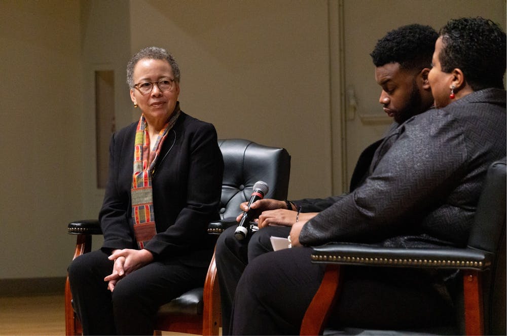 <p>Beverly Tatum speaks with Bobby Steele, director of the Multicultural Center, and Marsha McGriff, associate president for inclusive excellence, &nbsp;Jan. 21, 2020, at Pruis Hall. The conversation focused on how civil rights have changed, the legacy of Martin Luther King Jr. and the movement he championed. <strong>John Lynch, DN</strong></p>