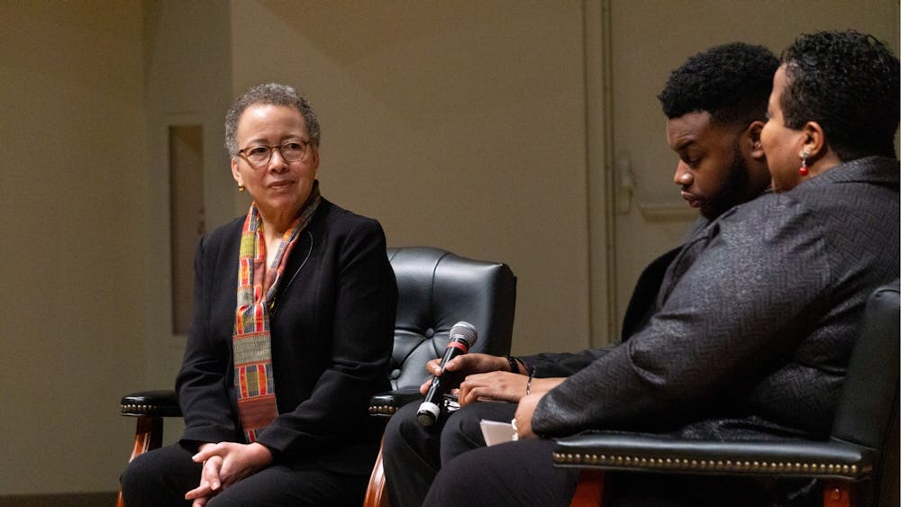 Beverly Tatum speaks with Bobby Steele, director of the Multicultural Center, and Marsha McGriff, associate president for inclusive excellence, &nbsp;Jan. 21, 2020, at Pruis Hall. The conversation focused on how civil rights have changed, the legacy of Martin Luther King Jr. and the movement he championed. John Lynch, DN