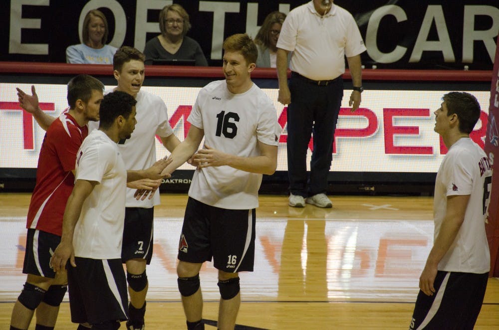 The Ball State men's volleyball team celebrates scoring a point against Loyola on Feb. 20 at Worthen Arena. DN PHOTO AUDREY ADDINGTON