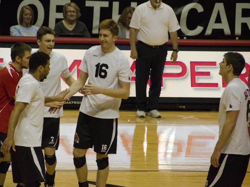 The Ball State men's volleyball team celebrates scoring a point against Loyola on Feb. 20 at Worthen Arena. DN PHOTO AUDREY ADDINGTON