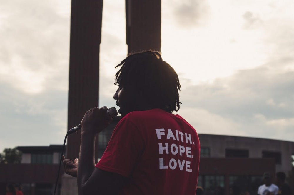 Rapper LJ performs near Shafer Bell Tower in Fall 2018. LJ premiered his music video for his song, "FHL," at The Sauna Feb. 21, 2019. Paul Novosel, Photo Provided. 