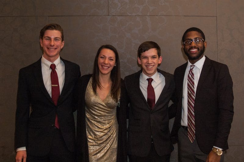 &nbsp;Amplify's Matt Hinkleman, vice president, Kyleigh Snavely, Secretary, Isaac Mitchell, president, Jalen Jones, treasurer pose for a photo after being slated for the upcoming SGA elections on Feb. 12. Madeline Grosh, DN
