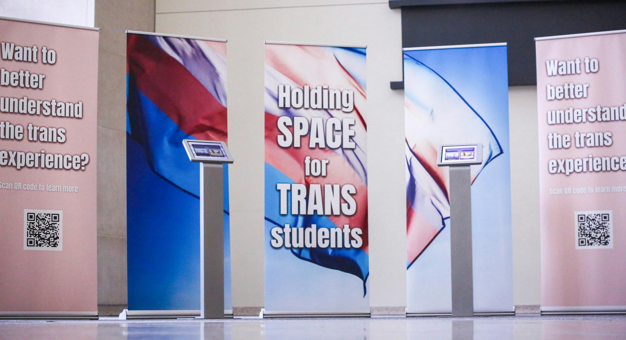 Banners and tablet stands display information supporting Transgender Day of Visibility on March 31 at Letterman Lobby. Assistant lecturer Leo Caldwell curated this interactive exhibit. Ayslin Bowman, DN.