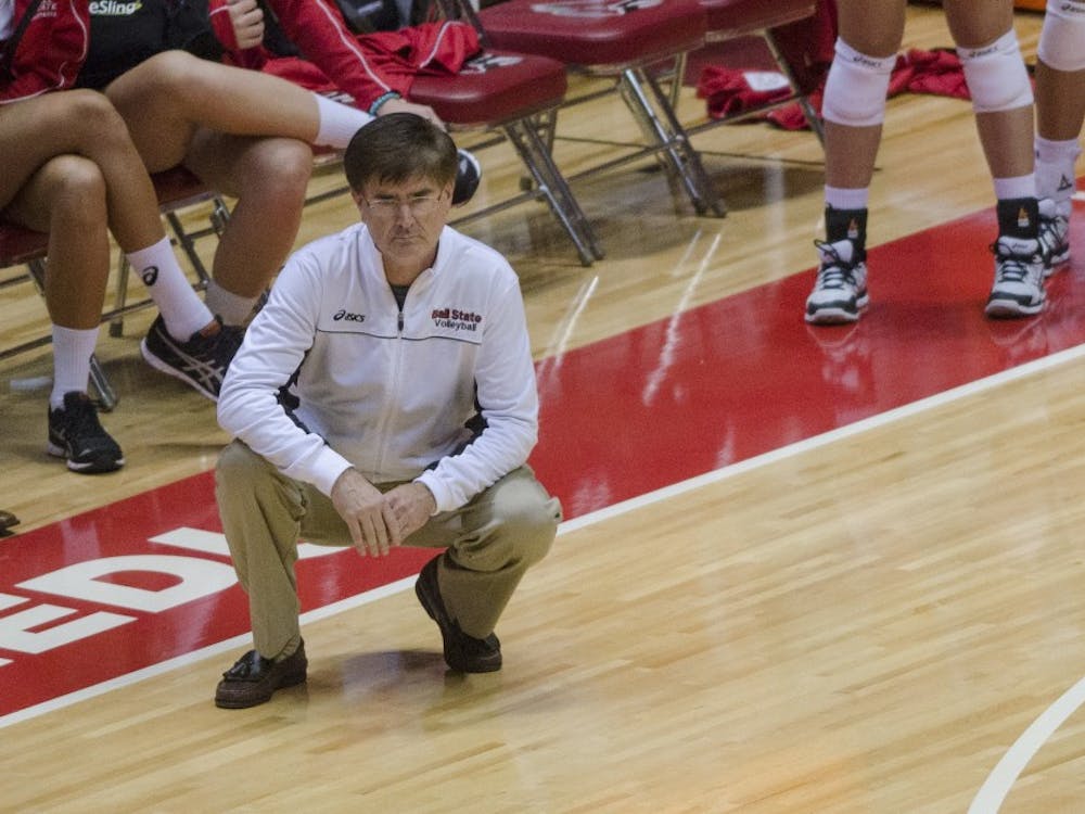 Head coach Steve Shondell looks on as his team plays in the second game of the Active Ankle Tournament against Belmont on Aug. 28 at Worthen Arena. DN PHOTO BREANNA DAUGHERTY