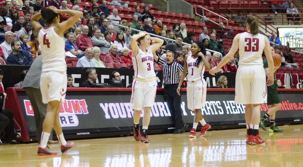 Members of the women's basketball team react to a call made by the referees during the game against Ohio on Jan. 24 at Worthen Arena. DN PHOTO BREANNA DAUGHERTY