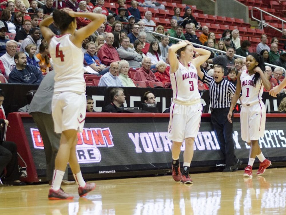 Members of the women's basketball team react to a call made by the referees during the game against Ohio on Jan. 24 at Worthen Arena. DN PHOTO BREANNA DAUGHERTY