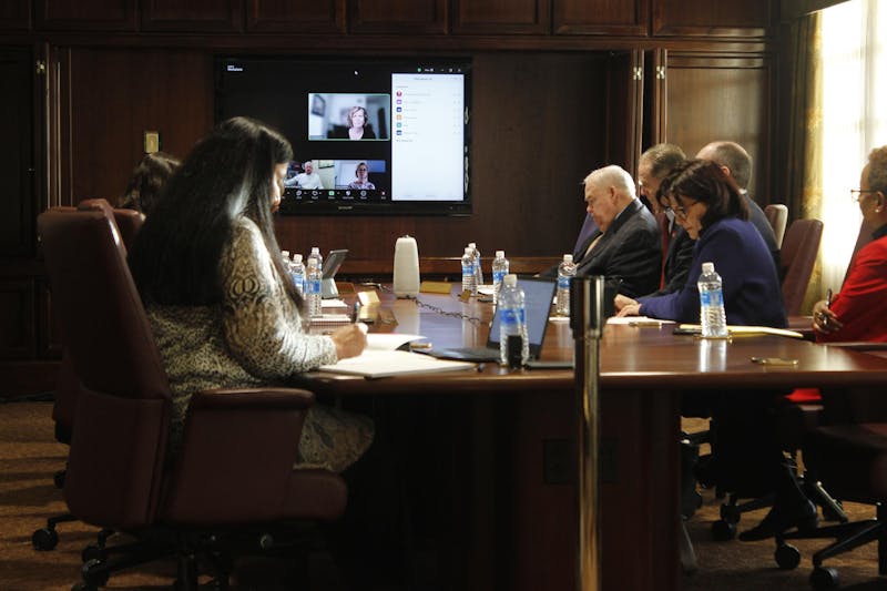 Ball State's Board of Trustees discuss during a specialty meeting in the university’s L.A. Pittenger Student Center Founders Room Feb. 7. The meeting approved the appointment of an interim vice president for business affairs and an interim treasurer. Katherine Hill, DN