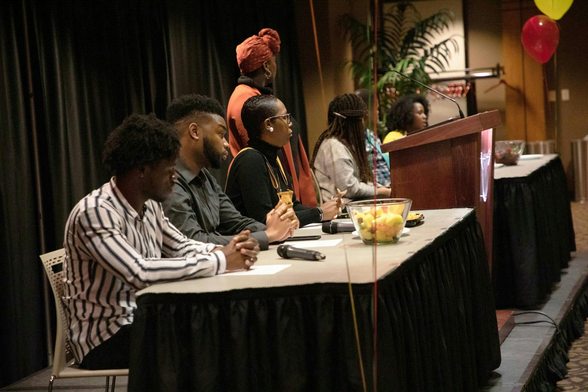 Panelists are seated at University Program Board's “Surviving a Predominately White World” event Feb. 5, 2020, in Cardinal Hall at the L.A. Pittenger Student Center. The Q-and-A style event focused on issues faced by people of color in a predominantly white university and world. Rohith Rao, DN