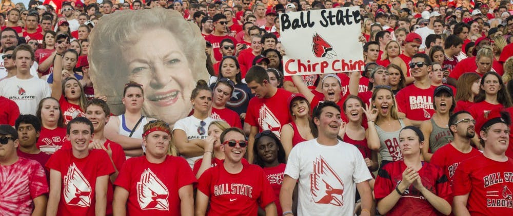 Ball State students cheer on the football team during the game against Virginia Military Institute on Sept. 3 at Scheumann Stadium. DN PHOTO BREANNA DAUGHERTY