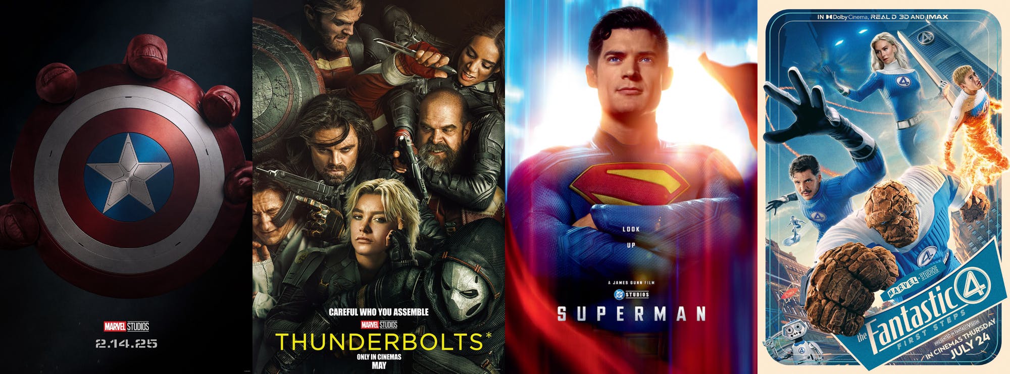 Movie posters provided by Disney and DC Studios.