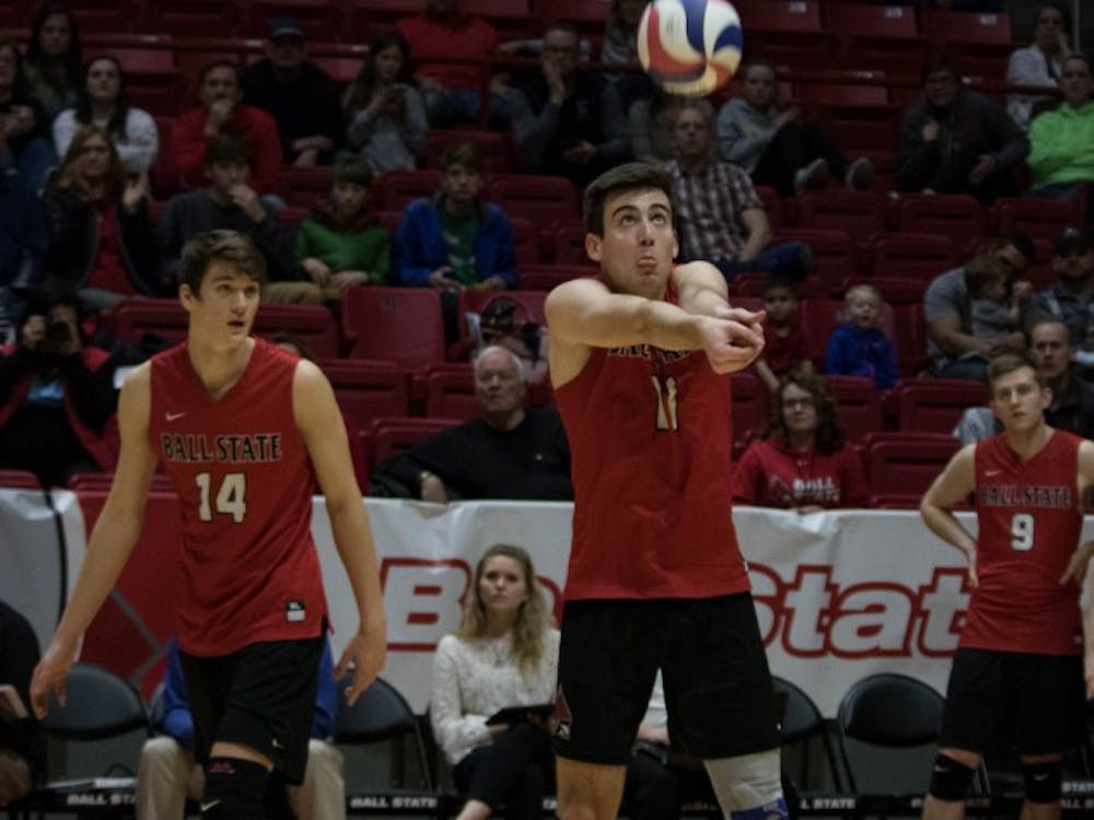 Senior Mitch Weiler bumps the ball during the first game against Lindenwood on March 30 at John E. Worthen Arena. Weiler had 13 digs during the game. Rebecca Slezak, DN