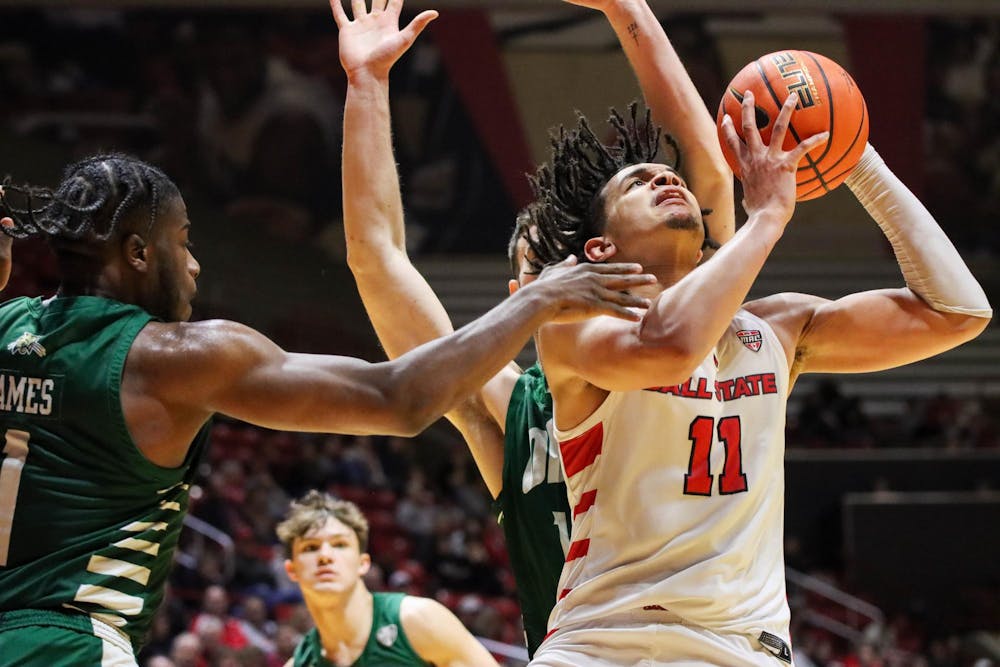 Junior forward Basheer Jihad puts the ball in for two-points Feb. 6 against Ohio at Worthen Arena. Jihad scored 13 points in the game. Isaiah Wallace, DN