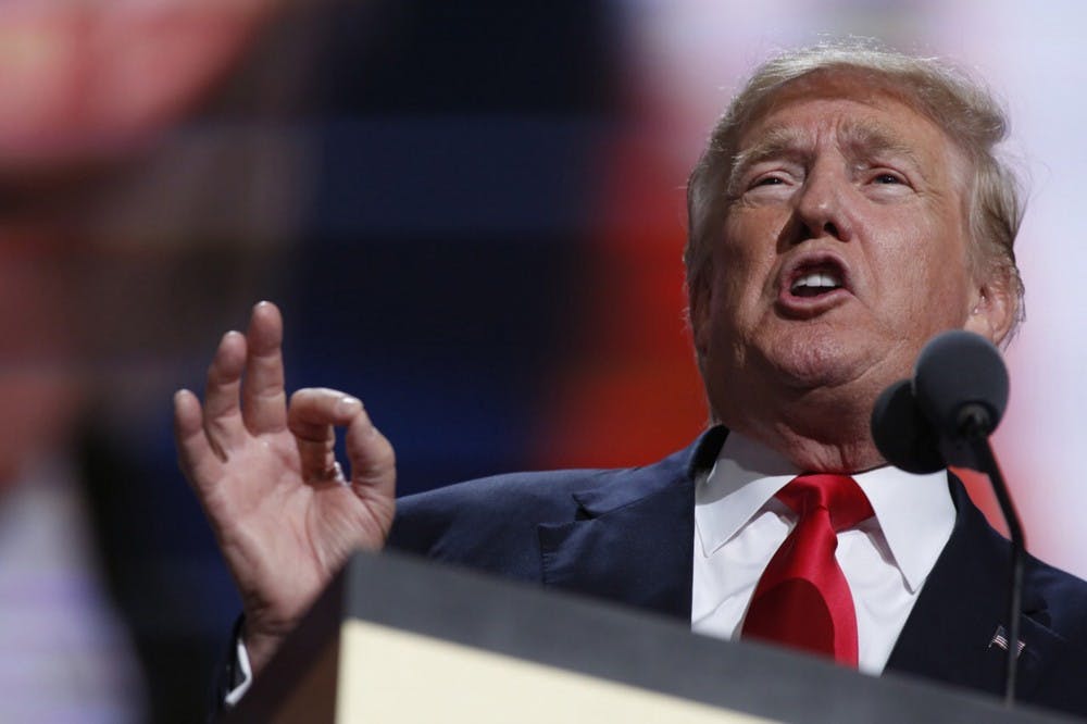 Republican presidential candidate Donald Trump speaks during the final day of the GOP convention at Quicken Loans Arena in Cleveland on July 21, 2016. With the election heading into its final stages, a nationwide report finds approximately 1 in 5 voters are undecided or flirting with third-party candidates. (Brian van der Brug/Los Angeles Times/TNS)