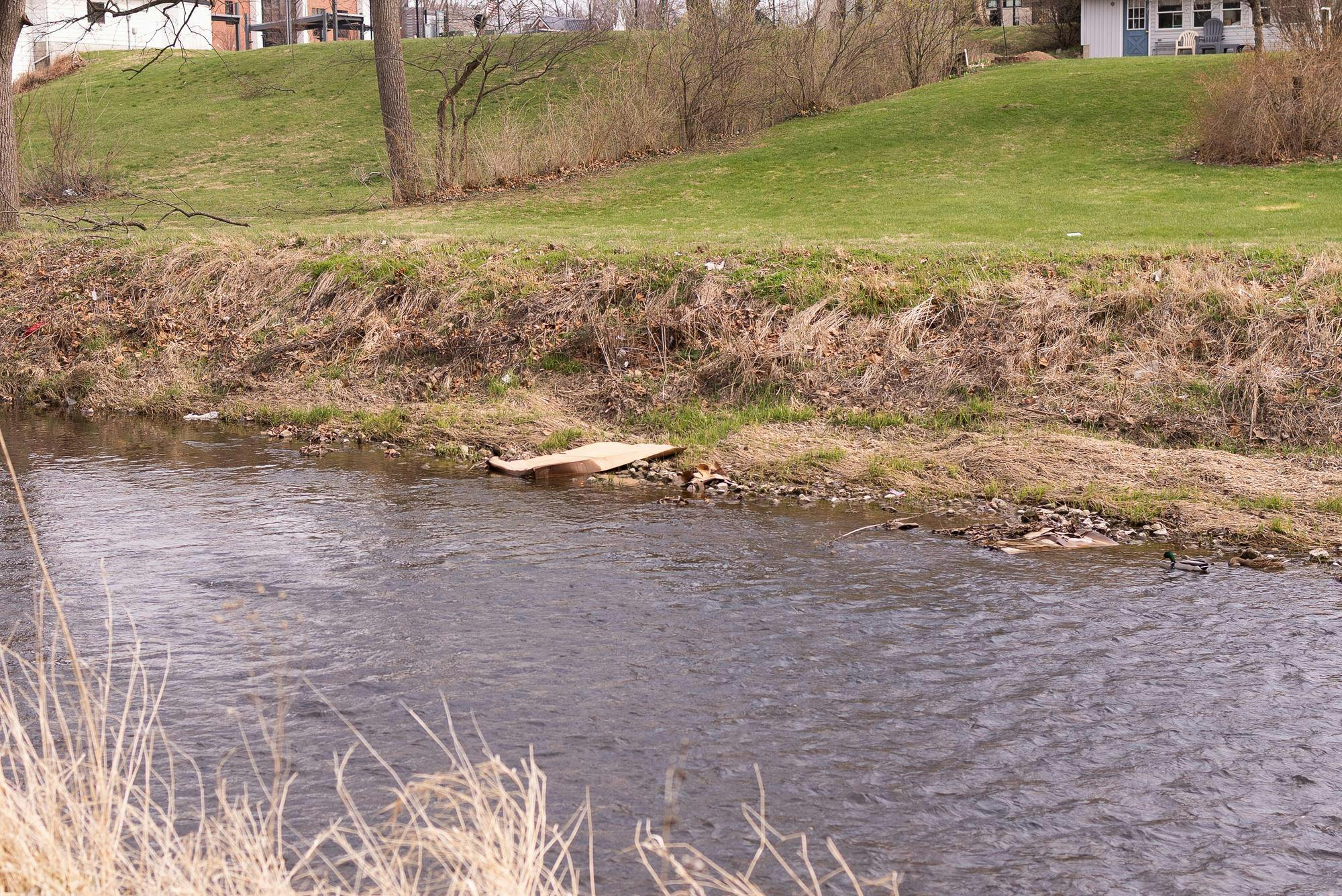 Town litter like this cardboard box sits on the bank of the White River. Even with the White River Cleanup, runoff and natural events continue to transport litter into the water.