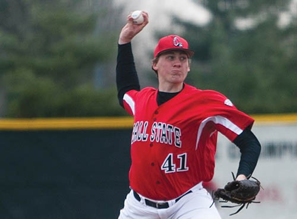Sophomore Scott Baker pitches against Central Michigan on April 13. Ball State will host a series against Northern Illinois this weekend. DN FILE PHOTO JORDAN HUFFER