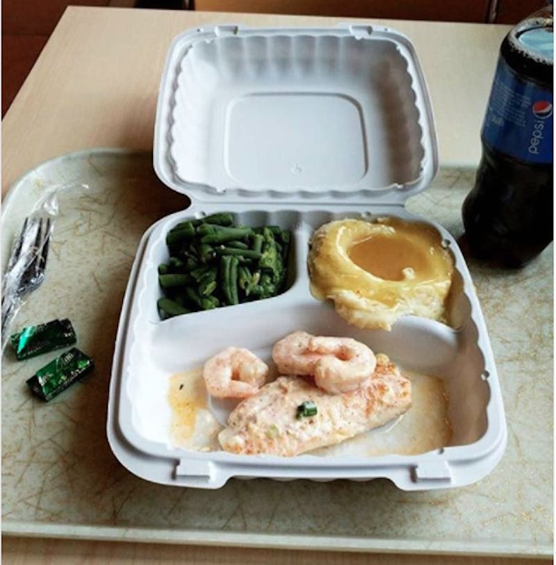 Sophia Hoffert’s Instagram account, @perfect_8.60, shows Comfort Zone's Cajun shrimp and cod, mashed potatoes and gravy, bottled Pepsi, and two Andes mints from Woodworth Dining Hall costing $8.60. Hoffert's Instagram account posts food combinations at Ball State Dining that she said costs exactly $8.60. Sophia Hoffert, Photo Courtesy
