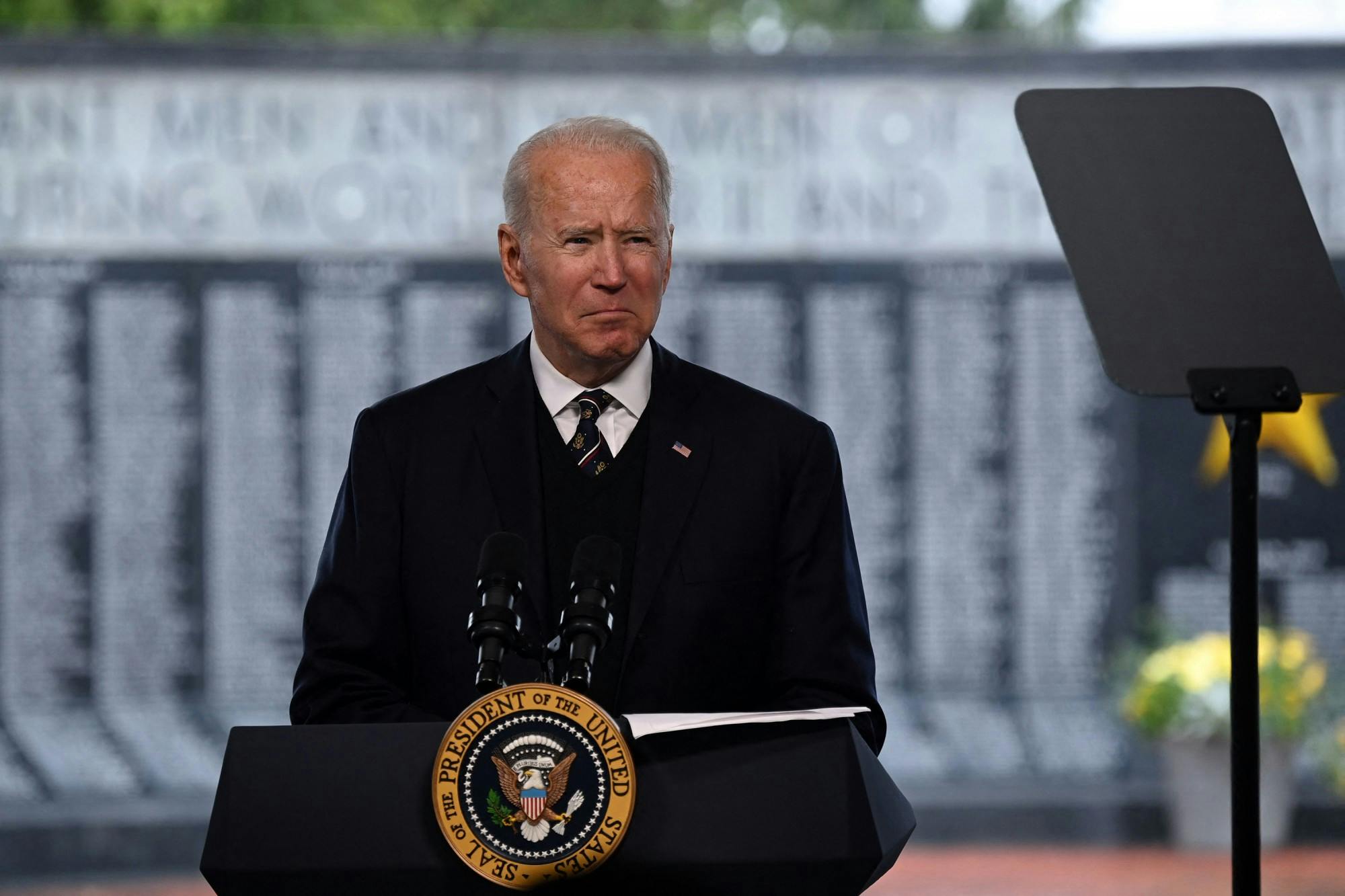U.S. President Joe Biden speaks at Veterans Memorial Park near the Delaware Memorial Bridge at an annual Memorial Day Service on May 30, 2021, in New Castle, Delaware. (Brendan Smialowski/AFP via Getty Images/TNS)