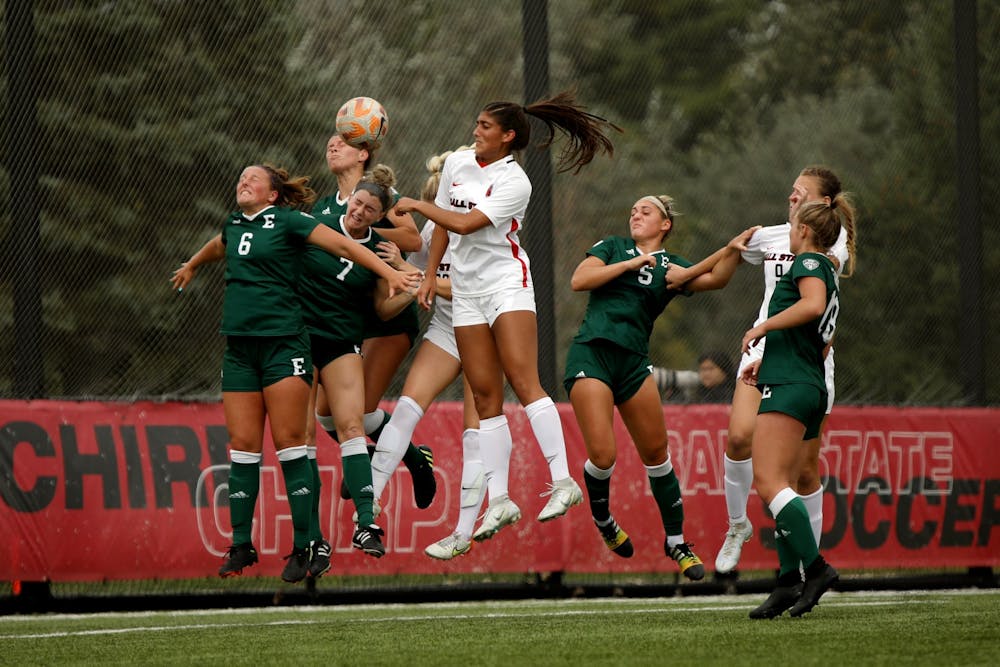 The Ball State and Eastern Michigan soccer teams jump for the ball at Briner Sports Complex Sept. 25. Ball State shutout Eastern Michigan 5-0. Amber Pietz, DN