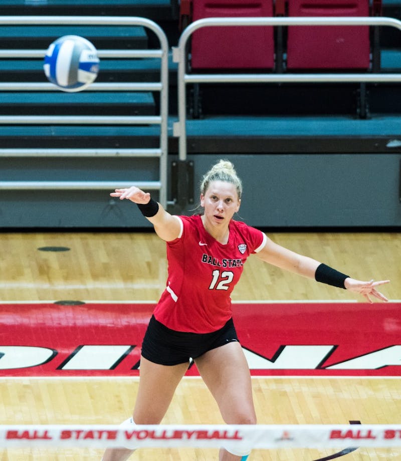 Sydnee Vanbeek serves the ball towards North Dakota State Sept. 7, 2018, at the Worthen Arena. Vanbeek completed nine kills against the Badgers. Stephanie Amador, DN