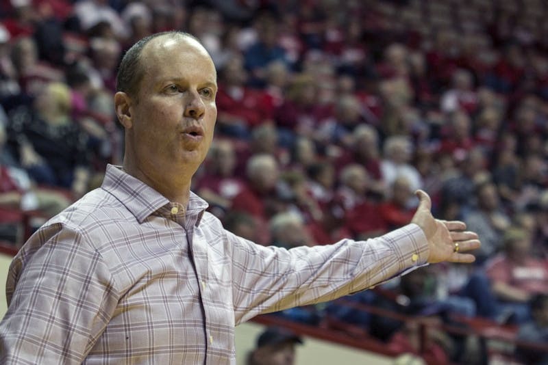 Head coach Brady Sallee disagrees with a referee in Ball State’s 71-58 loss to Indiana on March 16. The Cardinals were eliminated from the Women’s National Invitation Tournament in the loss. Colin Grylls, DN File