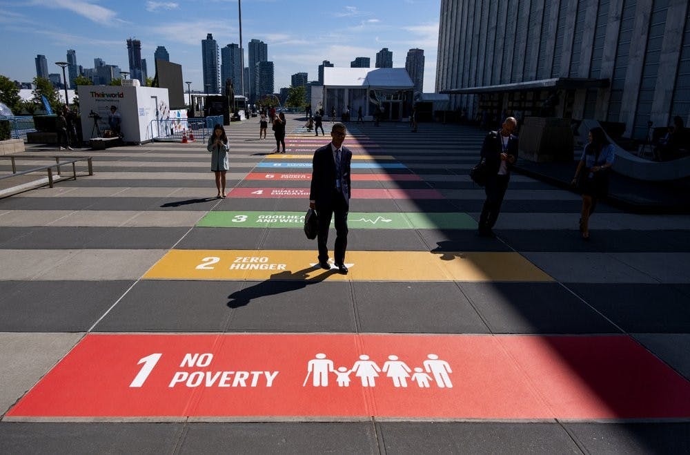 <p>People walk along a plaza at United Nations Headquarters Saturday, Sept. 21, 2019. <strong>(AP Photo/Craig Ruttle)</strong></p>