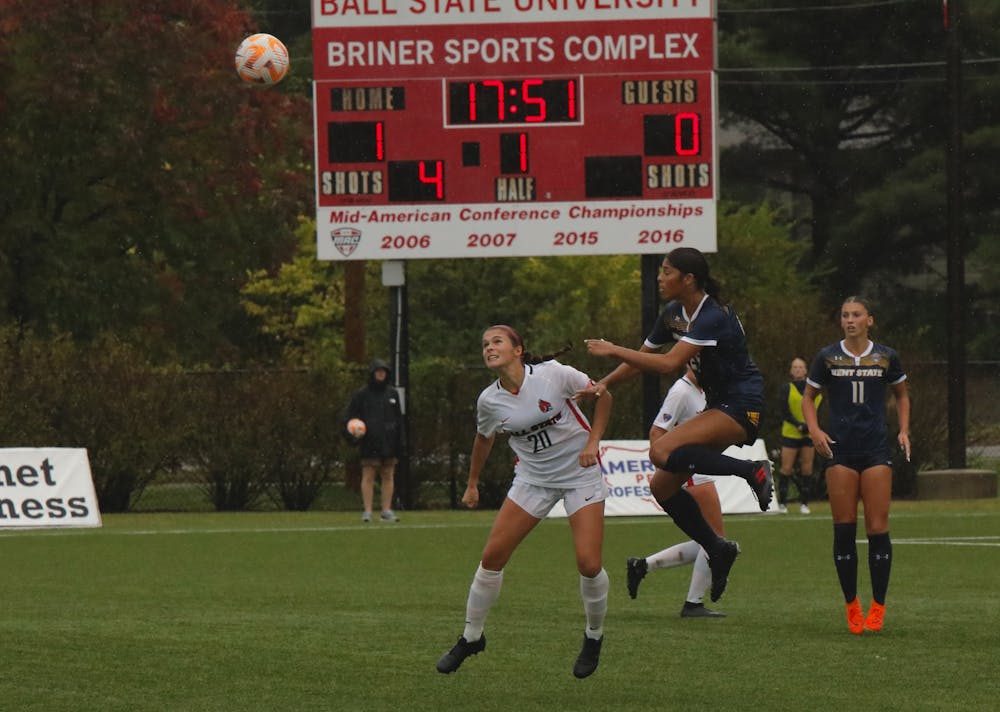 Junior defender Maya Millis wins a header in a game against Kent State Oct 5 at Briner Sports Complex. Andrew Berger, DN