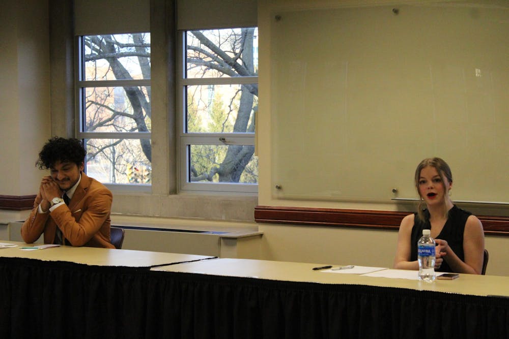 <p>Ball State University Student Government Association (SGA) Vice Presidential candidates discuss their qualifications and platform points, Feb. 15 at L.A. Pittenger Student Center. Meghan Braddy, DN</p>