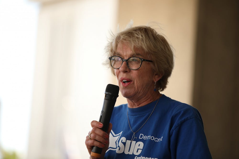 <p>State Rep. Sue Errington speaks to a crowd of demonstrators July 4 at the Delaware County Building. Before her career in politics, Errington works as the Public Policy Director for Planned Parenthood of Indiana. Rylan Capper, DN </p>