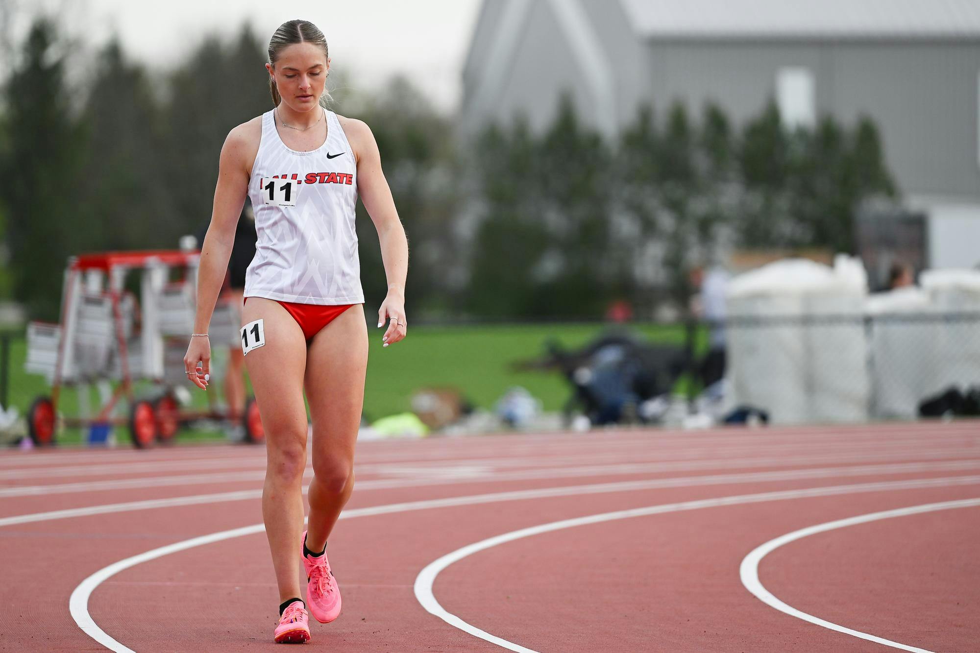 Senior Ball State distance runner Carly Spletzer prepares for the women’s 1500 meter race at the BSU - We Fly Challenge April 11 at the Briner Sports Complex. Ryan Fleek, DN