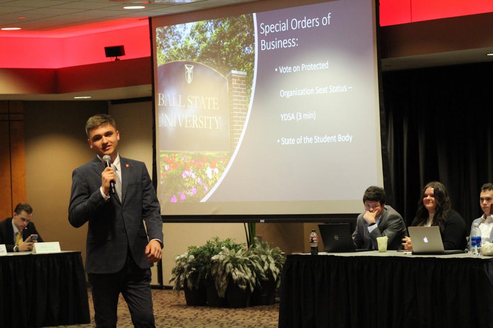 President Joseph Gassensmith presents his state of the student body to the Student Government Association (SGA) on April 10 at the L.A. Pittenger Student Center. (Meghan Braddy, DN)