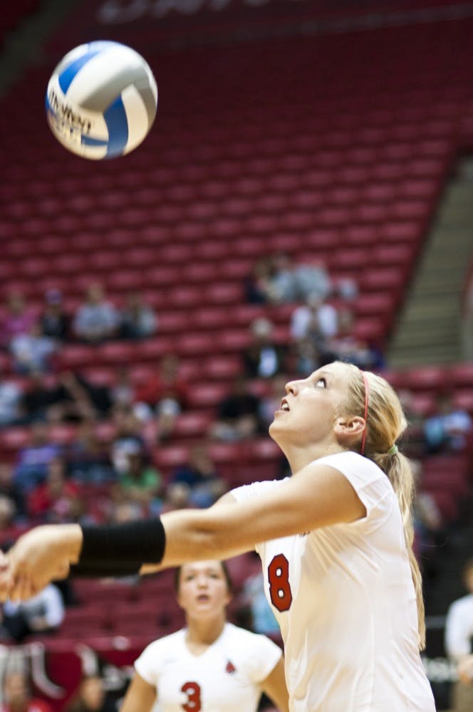 Junior Mindy Marx attempts to dig out the Pittsburgh attack. The women's volleyball team will play in the 2013 Mac Volleyball Championships this weekend. DN FILE PHOTO JONATHAN MIKSANEK