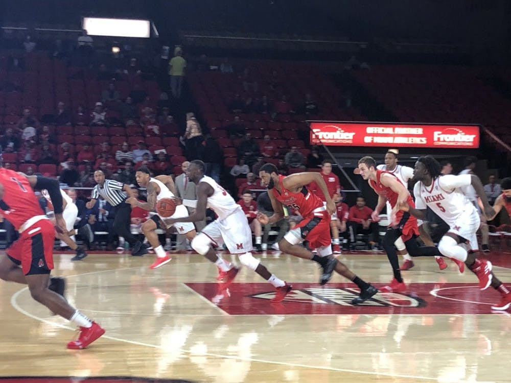 The Cardinals make a transitions onto defense after a RedHawk player steals the ball during a game on Feb. 19, 2019 against Miami (Ohio) at Millett Hall in Oxford, Ohio. The Cardinals would fall to the Redhawks, 69-66. Jack Williams, DN