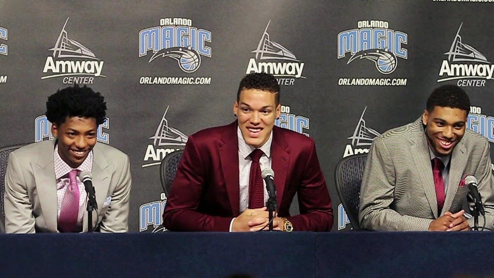 From let, the Orlando Magic's Elfrid Payton, Aaron Gordon, and Roy Devyn Marble during a news conference at the Amway Center in Orlando on Friday, June 27, 2014, as the team introduced players acquired in the NBA Draft a day earlier. (Stephen M. Dowell/Orlando Sentinel/MCT)