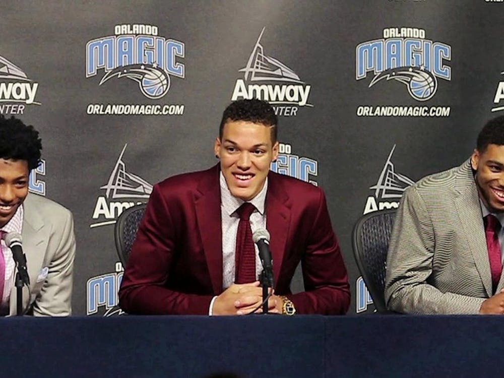 From let, the Orlando Magic's Elfrid Payton, Aaron Gordon, and Roy Devyn Marble during a news conference at the Amway Center in Orlando on Friday, June 27, 2014, as the team introduced players acquired in the NBA Draft a day earlier. (Stephen M. Dowell/Orlando Sentinel/MCT)