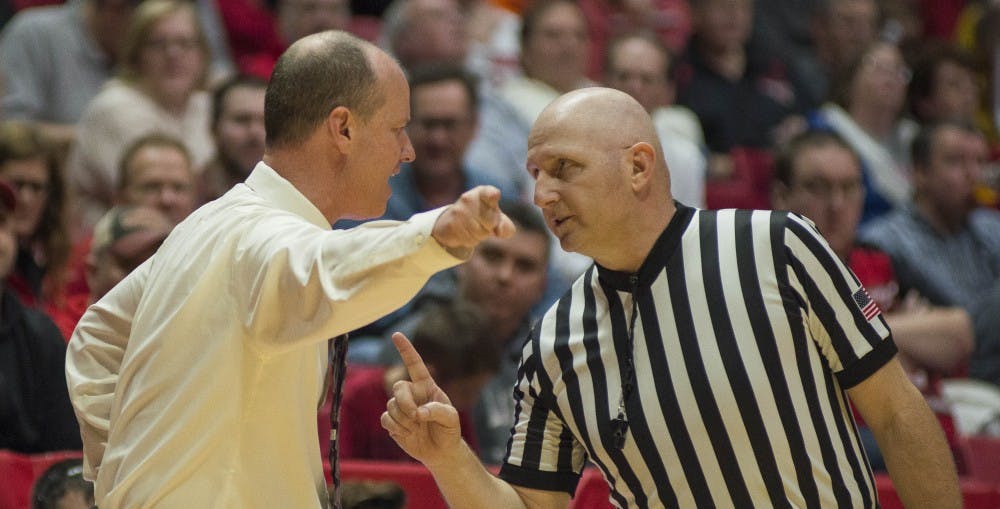 <p>Head coach Brady Sallee talks to a referee during the game against Toledo Feb. 24 at Worthen Arena. This is Sallee's sixth season as head coach for the women's basketball team. <strong>Breanna Daugherty, DN</strong></p>