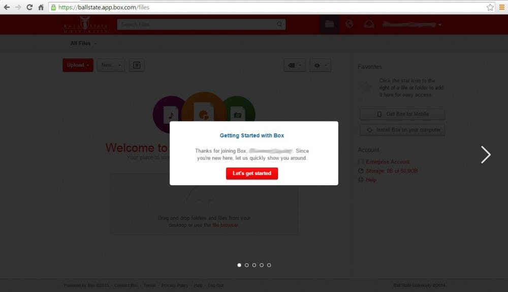 <p>The Ball State box account allows faculty and students to upload files as well as share those files with other Box account users. The screen above appears when students and faculty first start using Box. <em>PHOTO COURTESY OF BALL STATE</em></p>