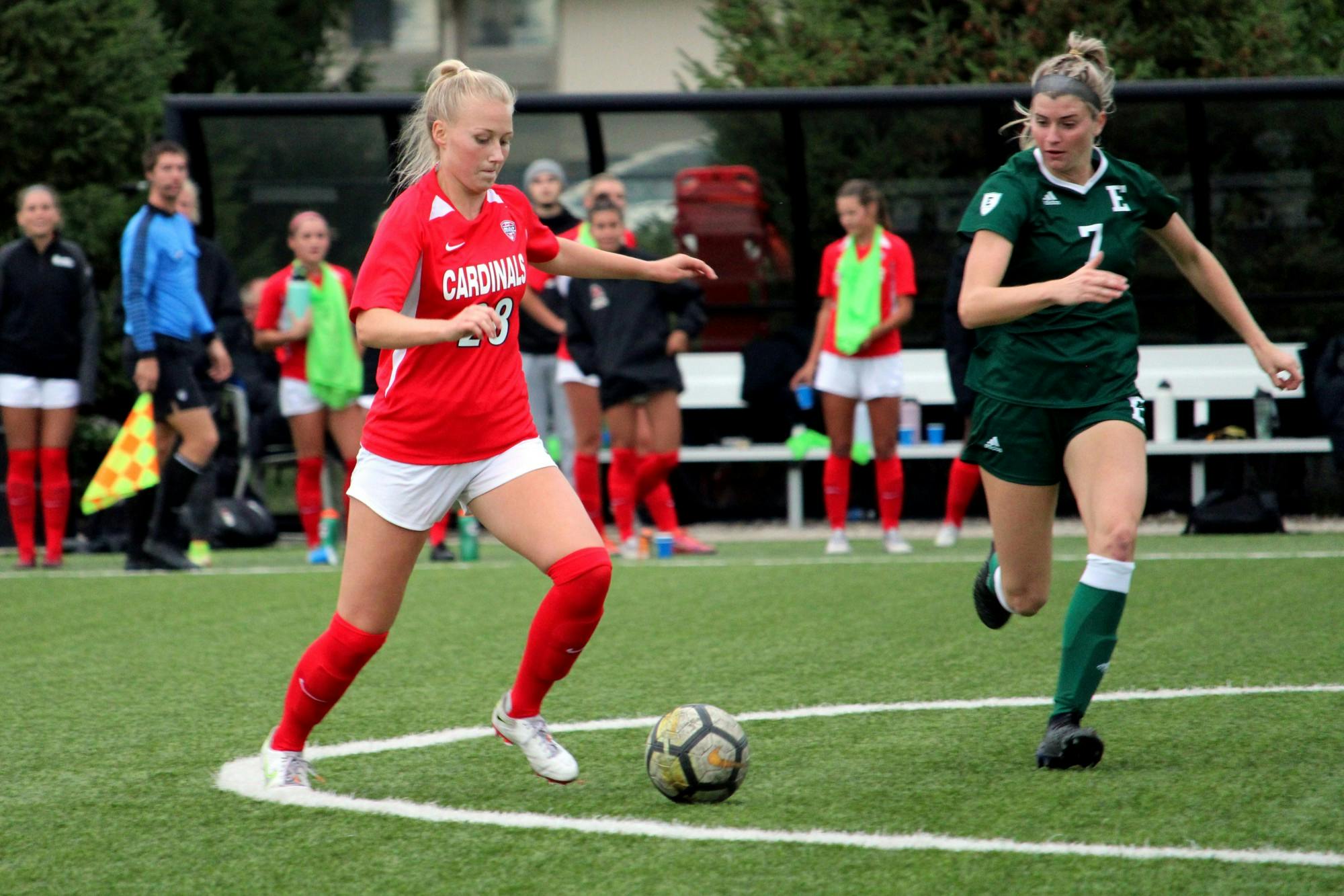 Senior defender Grace Alsop goes for the ball against Eastern Michigan on Sept. 23, 2021, at Briner Sports Complex in Muncie, IN. Amber Pietz, DN