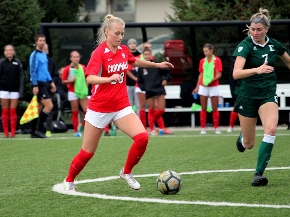 Senior defender Grace Alsop goes for the ball against Eastern Michigan on Sept. 23, 2021, at Briner Sports Complex in Muncie, IN. Amber Pietz, DN