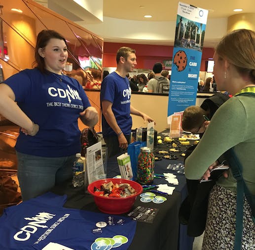 Freshman&nbsp;telecommunications major Peyton Jones (left) and senior health science and Spanish major Tanner Barton (right)&nbsp;represented&nbsp;Ball State’s College Diabetes Network&nbsp;at a table set up in the Atrium on Nov. 14 for World Diabetes Day. The two gave out information to raise awareness about diabetes and carbohydrates and informed students about the group's free Zumba class that night at 7:30 p.m. in&nbsp;the Jo Ann Gora Student Recreation and Wellness Center.&nbsp;Michelle Kaufman // DN