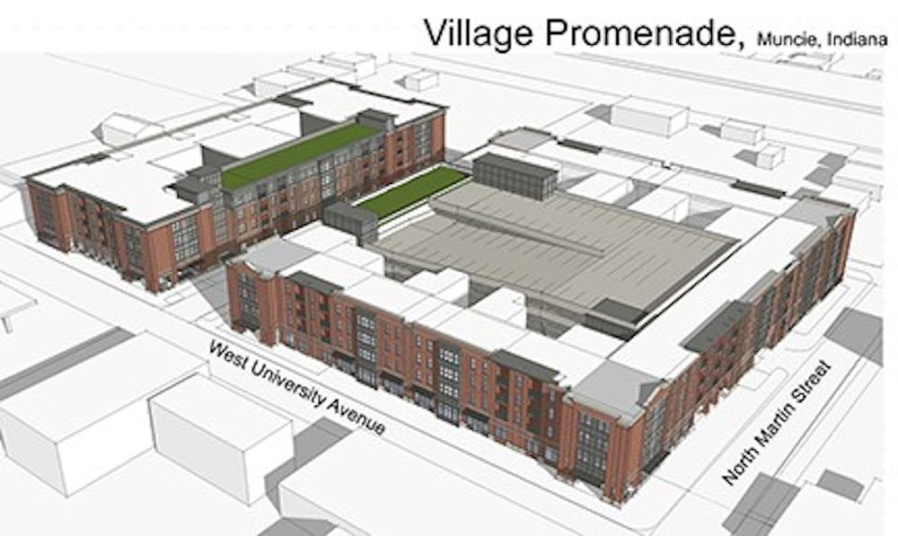 Renderings of the Village improvements currently underconstruction. The new building will feature residential as well as comercial spaces. PHOTO PROVIDED BY IPA