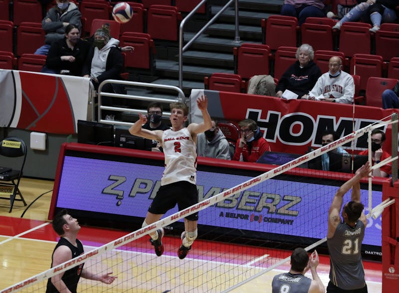 Senior outside attacker Kaleb Jenness spikes the ball during a game against Lindenwood Feb. 24 at Worthen Arena. Jenness had 21 kills during the game. Jamie Howell DN